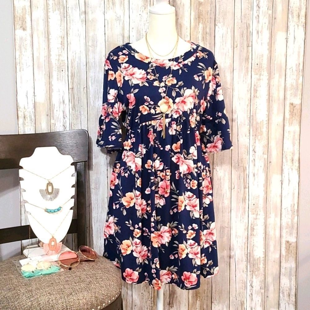 Navy Floral Bell Sleeve Swing Tunic Dress